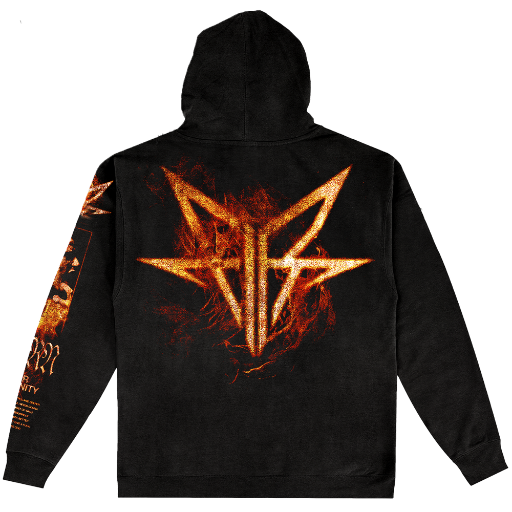 A black pullover hoodie featuring a large fiery orange Falling in Reverse graphic print on the front, back, and sleeve.
