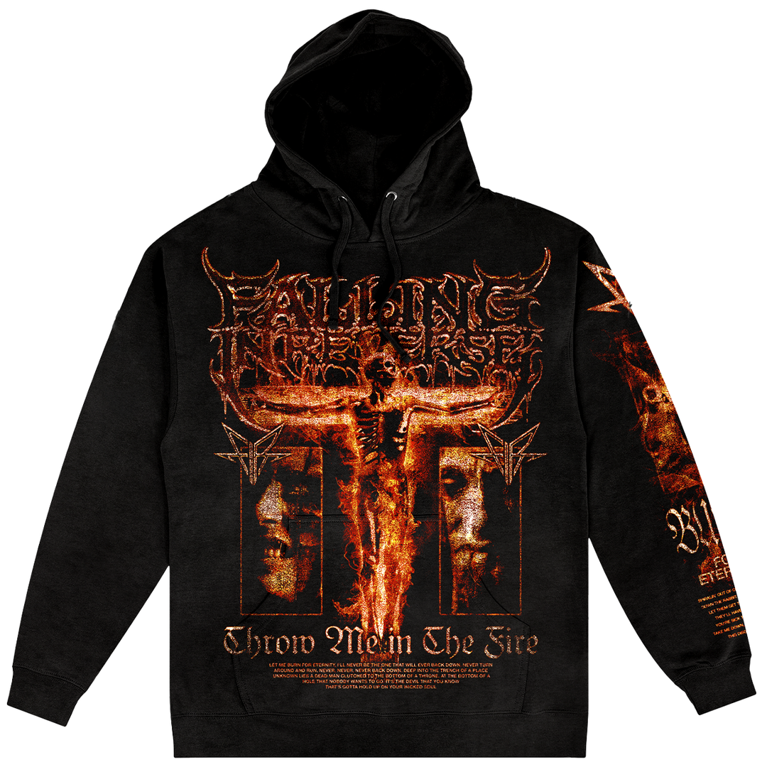 A black pullover hoodie featuring a large fiery orange Falling in Reverse graphic print on the front, back, and sleeve.